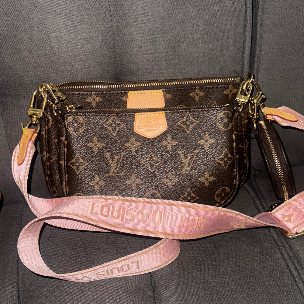 Louis Vuitton Brown Monogram Crossbody Bag with Pink Strap